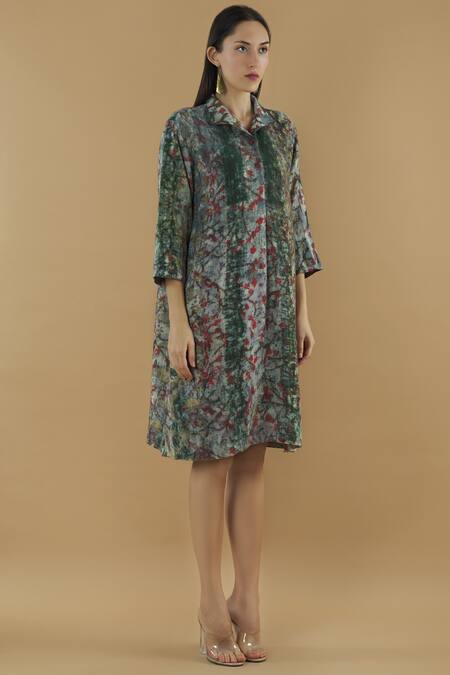 Yavi_Multi Color Wool Spread Collar Printed Shirt Dress _Online_at_Aza_Fashions