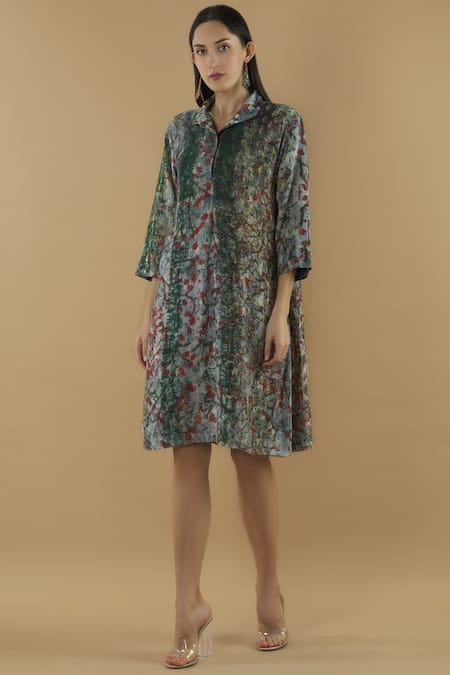 Yavi Multi Color Wool Spread Collar Printed Shirt Dress 