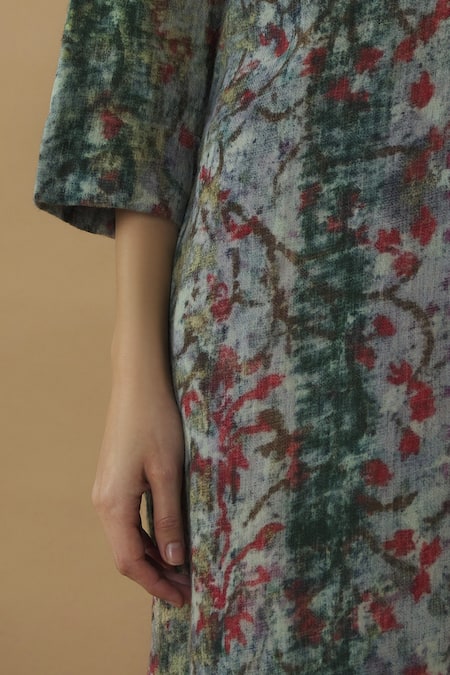 Yavi_Multi Color Wool Spread Collar Printed Shirt Dress _at_Aza_Fashions
