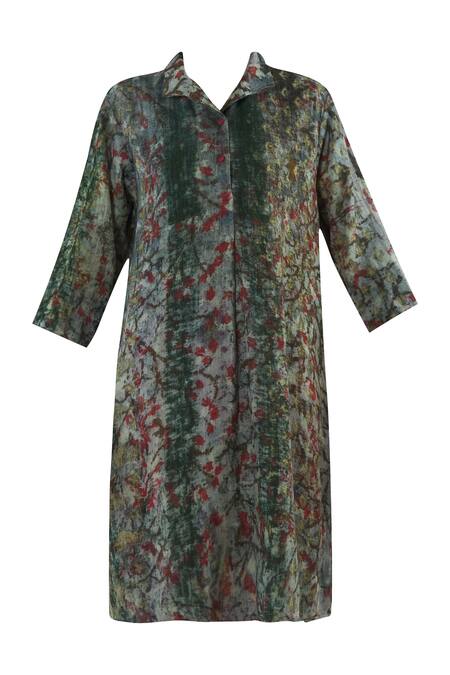 Shop_Yavi_Multi Color Wool Spread Collar Printed Shirt Dress _Online_at_Aza_Fashions