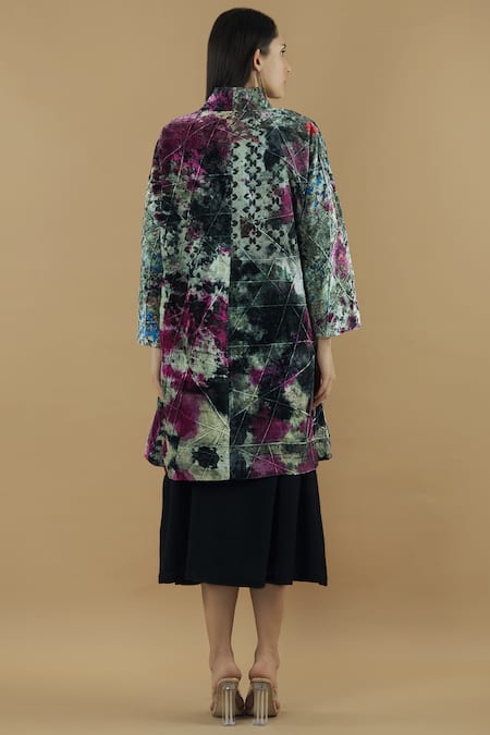 Shop Yavi Multi Color Silk Velvet Long Jacket at Aza Fashions Shop_Yavi_Multi Color Silk Velvet Long Jacket _at_Aza_Fashions