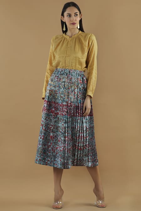 Shop_Yavi_Multi Color Polyester Silk Pleated Midi Skirt _at_Aza_Fashions