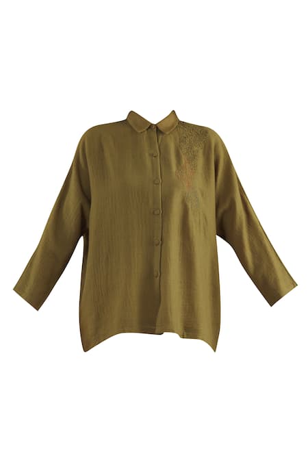 Shop Yavi Yellow Wool Spread Collar Embroidered Shirt Online at Aza Fashions Shop_Yavi_Yellow Wool Spread Collar Embroidered Shirt _Online_at_Aza_Fashions