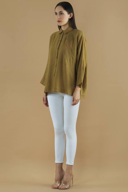 Buy Yavi Yellow Wool Spread Collar Embroidered Shirt Online at Aza Fashions Buy_Yavi_Yellow Wool Spread Collar Embroidered Shirt _Online_at_Aza_Fashions