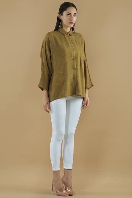Yavi Yellow Wool Spread Collar Embroidered Shirt Online at Aza Fashions Yavi_Yellow Wool Spread Collar Embroidered Shirt _Online_at_Aza_Fashions