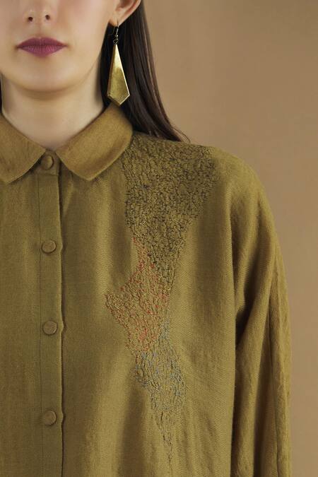 Yavi Yellow Wool Spread Collar Embroidered Shirt at Aza Fashions Yavi_Yellow Wool Spread Collar Embroidered Shirt _at_Aza_Fashions