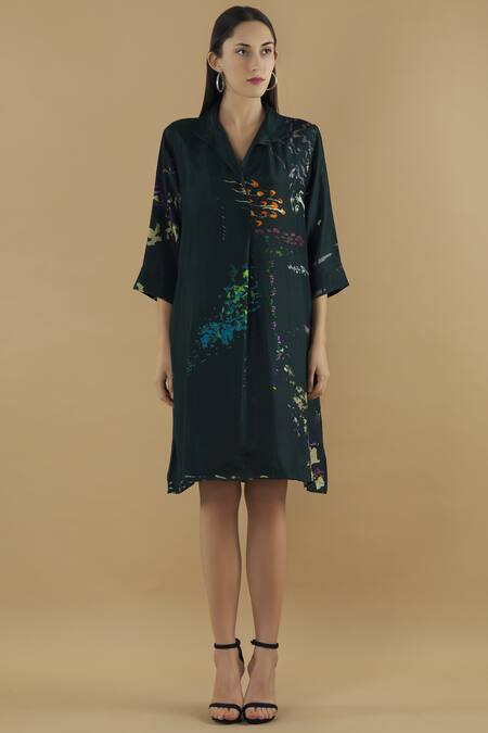 Shop Yavi Black Silk Spread Collar Shirt Dress Online at Aza Fashions Shop_Yavi_Black Silk Spread Collar Shirt Dress _Online_at_Aza_Fashions