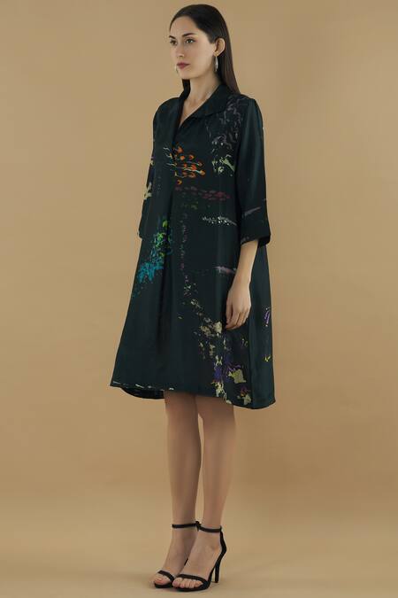 Buy Yavi Black Silk Spread Collar Shirt Dress Online at Aza Fashions Buy_Yavi_Black Silk Spread Collar Shirt Dress _Online_at_Aza_Fashions