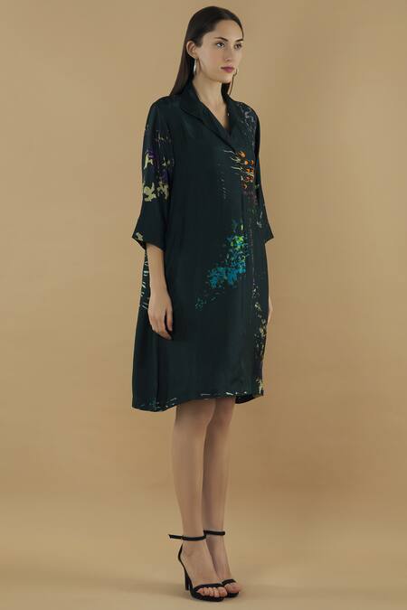Yavi Black Silk Spread Collar Shirt Dress Online at Aza Fashions Yavi_Black Silk Spread Collar Shirt Dress _Online_at_Aza_Fashions