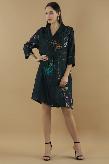 Yavi Black Silk Spread Collar Shirt Dress 