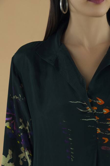 Yavi Black Silk Spread Collar Shirt Dress at Aza Fashions Yavi_Black Silk Spread Collar Shirt Dress _at_Aza_Fashions