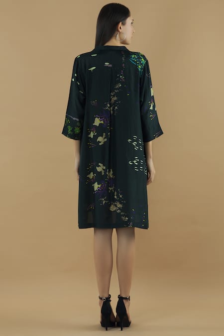 Shop Yavi Black Silk Spread Collar Shirt Dress at Aza Fashions Shop_Yavi_Black Silk Spread Collar Shirt Dress _at_Aza_Fashions