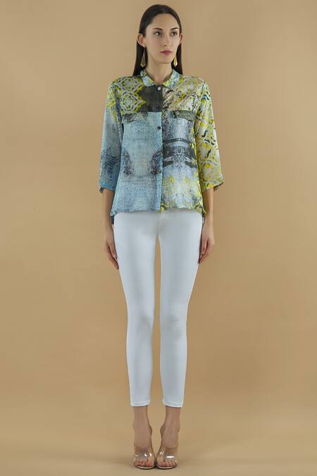 Shop Yavi Multi Color Silk Spread Collar Printed Shirt Online at Aza Fashions Shop_Yavi_Multi Color Silk Spread Collar Printed Shirt _Online_at_Aza_Fashions