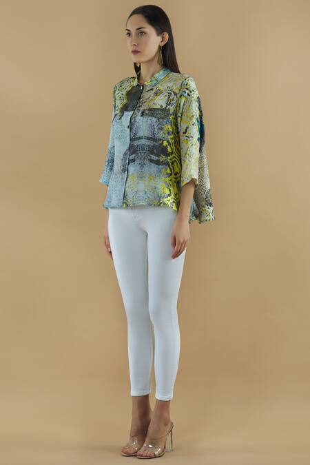 Buy Yavi Multi Color Silk Spread Collar Printed Shirt Online at Aza Fashions Buy_Yavi_Multi Color Silk Spread Collar Printed Shirt _Online_at_Aza_Fashions