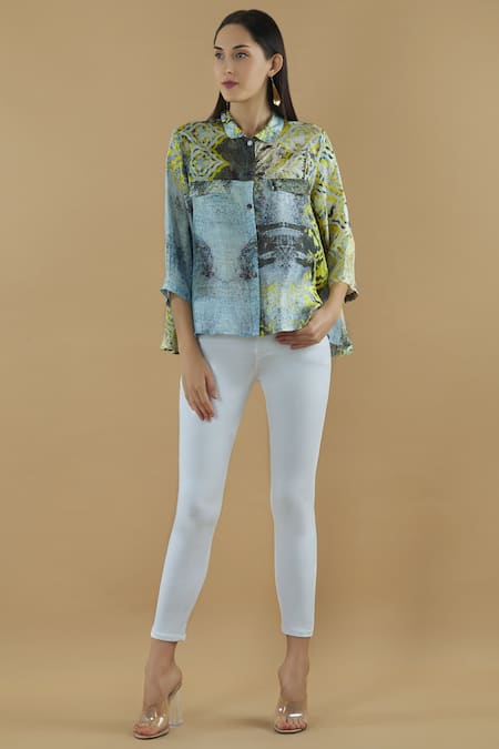 Yavi Multi Color Silk Spread Collar Printed Shirt 