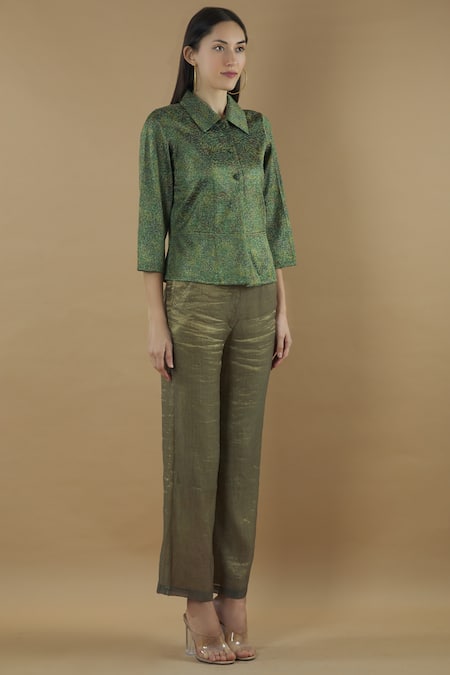 Yavi_Green Silk Stand Fall Collar Textured Shirt _Online_at_Aza_Fashions