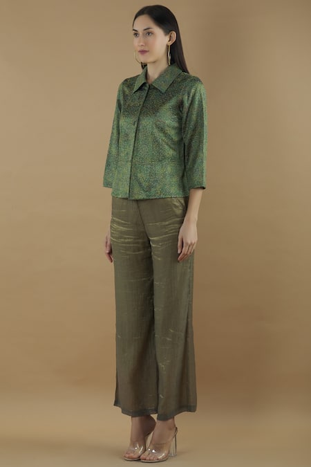 Buy_Yavi_Green Silk Stand Fall Collar Textured Shirt _Online_at_Aza_Fashions