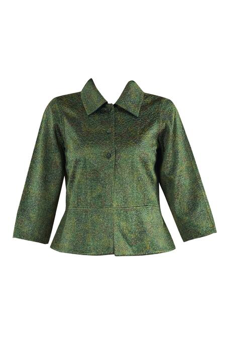 Shop_Yavi_Green Silk Stand Fall Collar Textured Shirt _Online_at_Aza_Fashions