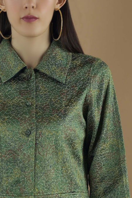 Yavi_Green Silk Stand Fall Collar Textured Shirt _at_Aza_Fashions