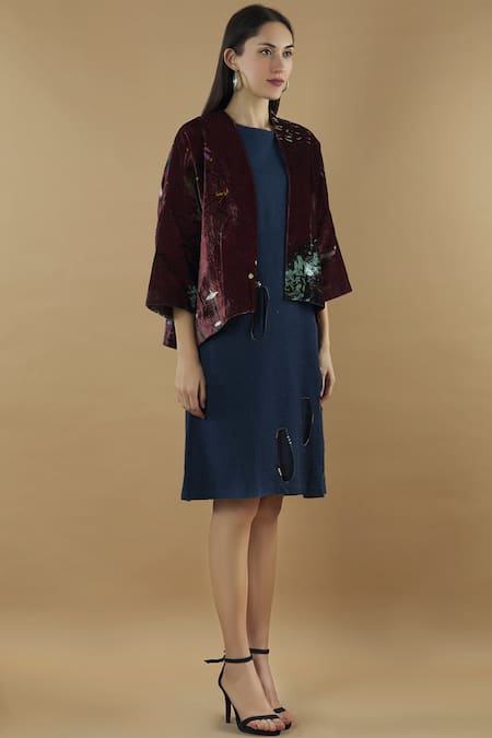 Yavi_Wine Silk Velvet Printed Jacket _Online_at_Aza_Fashions