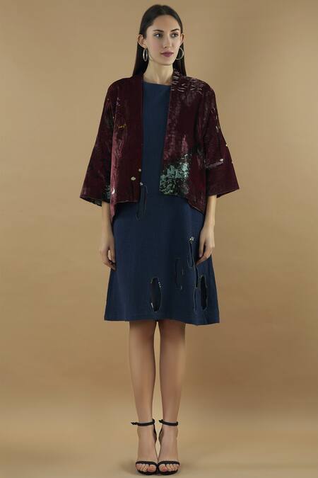 Shop_Yavi_Wine Silk Velvet Printed Jacket _Online_at_Aza_Fashions