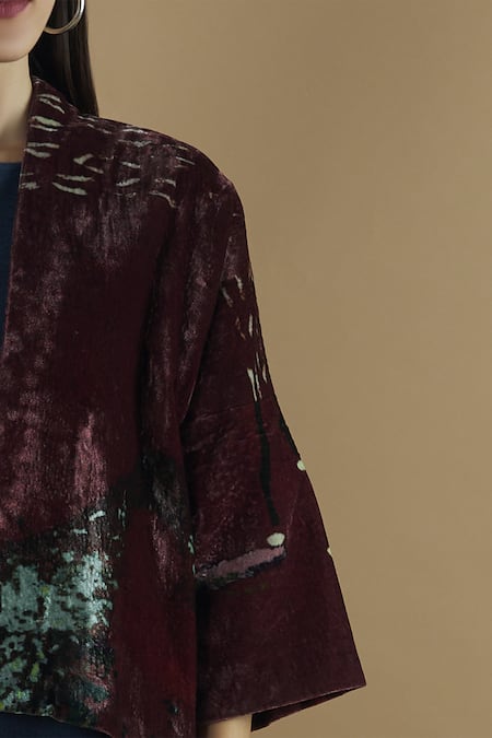 Yavi_Wine Silk Velvet Printed Jacket _at_Aza_Fashions