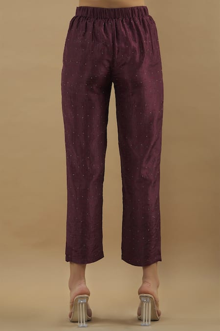 Yavi_Maroon Silk Embroidered Pants_Online_at_Aza_Fashions