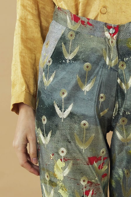 Buy_Yavi_Grey Silk Printed Pants_Online_at_Aza_Fashions