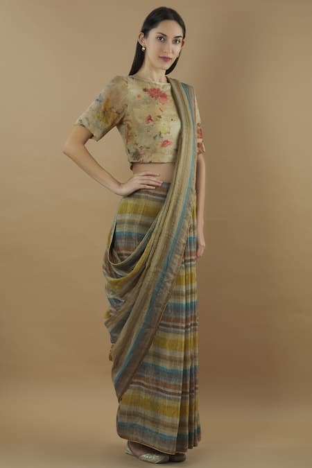 Yavi_Multi Color Tissue Striped Saree_Online_at_Aza_Fashions