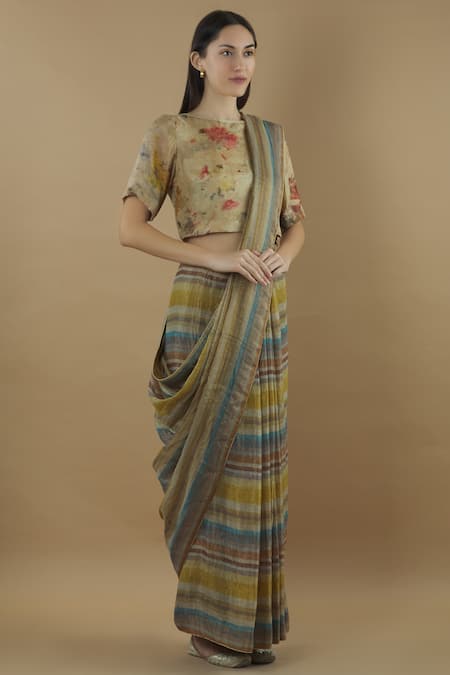 Buy_Yavi_Multi Color Tissue Striped Saree_Online_at_Aza_Fashions