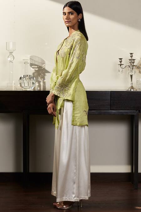 Shop Varun Bahl Green Satin Organza Band Embroidered Jacket And Pant Set at Aza Fashions Shop_Varun Bahl_Green Satin Organza Band Embroidered Jacket And Pant Set_at_Aza_Fashions
