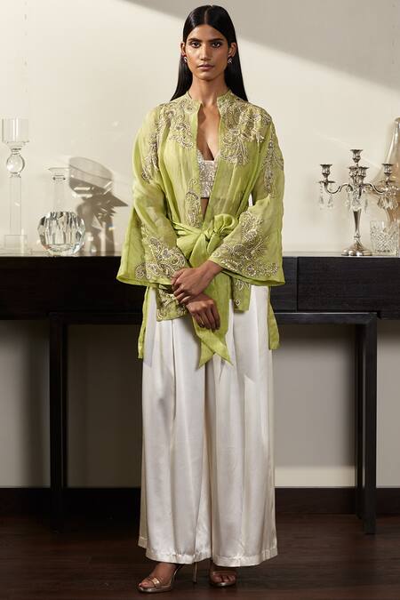 Varun Bahl Green Satin Organza Band Embroidered Jacket And Pant Set Online at Aza Fashions Varun Bahl_Green Satin Organza Band Embroidered Jacket And Pant Set_Online_at_Aza_Fashions