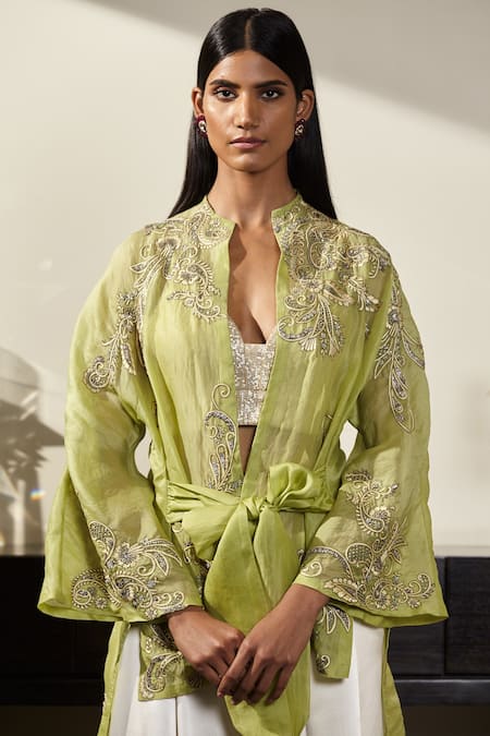 Shop Varun Bahl Green Satin Organza Band Embroidered Jacket And Pant Set Online at Aza Fashions Shop_Varun Bahl_Green Satin Organza Band Embroidered Jacket And Pant Set_Online_at_Aza_Fashions