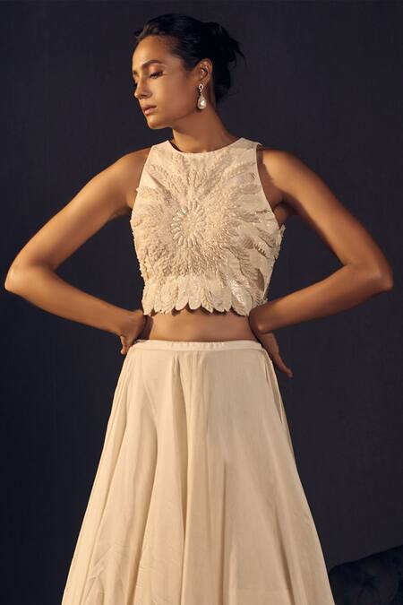 Varun Bahl_White Chanderi, Satin Organza Round Lehenga Set_Online_at_Aza_Fashions