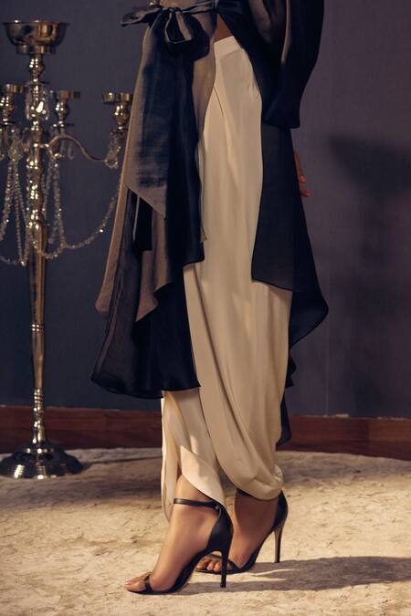 Buy_Varun Bahl_Black Chanderi, Satin Jacket Lapel Collar And Dhoti Pant Set_Online_at_Aza_Fashions