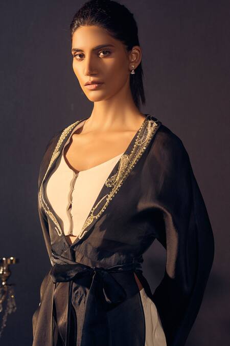 Varun Bahl_Black Chanderi, Satin Jacket Lapel Collar And Dhoti Pant Set_at_Aza_Fashions