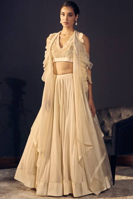Varun Bahl_White Organza, Chanderi, Satin V Neck Jacket And Lehenga Set_Online_at_Aza_Fashions