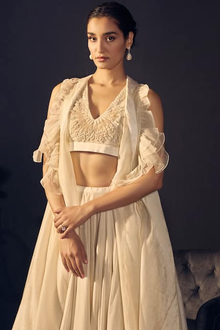 Buy_Varun Bahl_White Organza, Chanderi, Satin V Neck Jacket And Lehenga Set_Online_at_Aza_Fashions