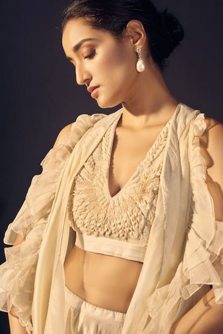 Shop_Varun Bahl_White Organza, Chanderi, Satin V Neck Jacket And Lehenga Set_Online_at_Aza_Fashions