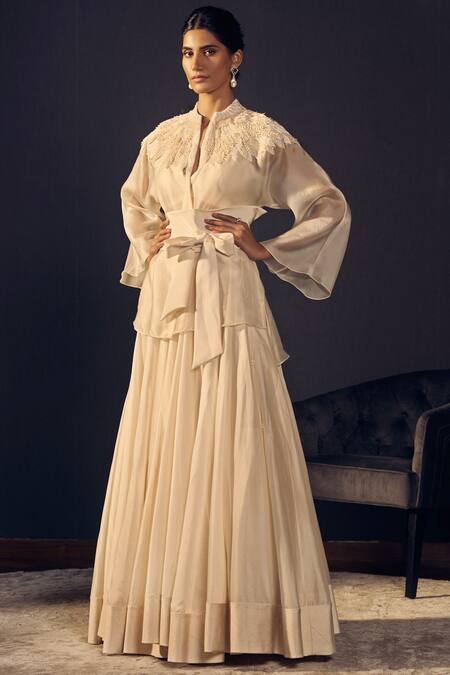 Varun Bahl_White Chanderi, Satin Organza Band Jacket Skirt Set_Online_at_Aza_Fashions