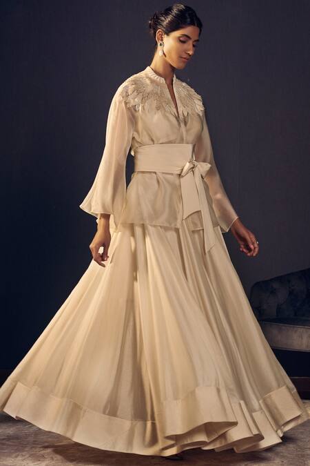Buy_Varun Bahl_White Chanderi, Satin Organza Band Jacket Skirt Set_Online_at_Aza_Fashions
