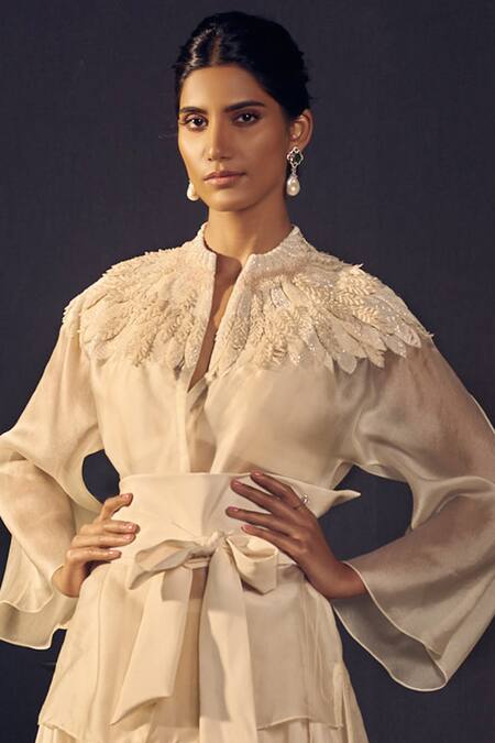 Shop_Varun Bahl_White Chanderi, Satin Organza Band Jacket Skirt Set_Online_at_Aza_Fashions