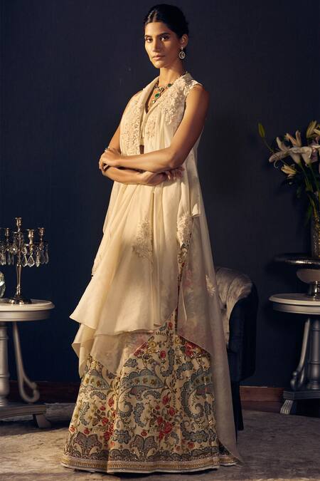 Shop_Varun Bahl_White Raw Silk, Organza V Neck Embroidered Jacket Lehenga Set_at_Aza_Fashions