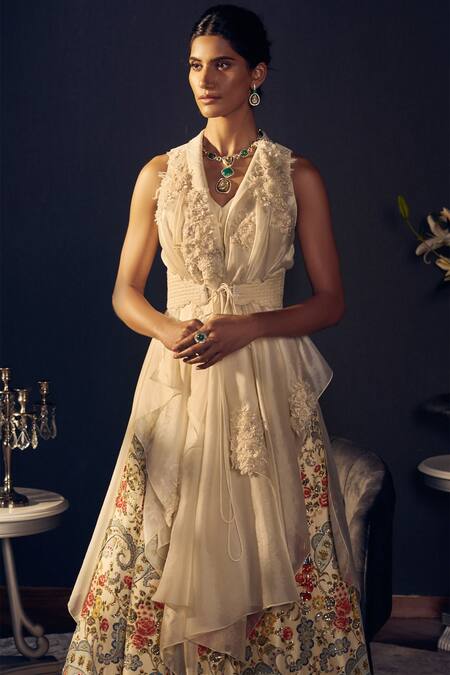 Varun Bahl_White Raw Silk, Organza V Neck Embroidered Jacket Lehenga Set_Online_at_Aza_Fashions