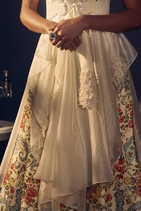 Buy_Varun Bahl_White Raw Silk, Organza V Neck Embroidered Jacket Lehenga Set_Online_at_Aza_Fashions