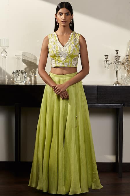 Varun Bahl Green Satin Organza V Neck Embroidered Lehenga Set  