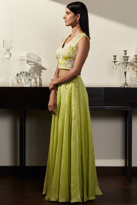 Shop_Varun Bahl_Green Satin Organza V Neck Embroidered Lehenga Set_at_Aza_Fashions