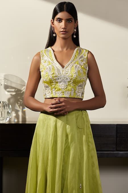 Varun Bahl_Green Satin Organza V Neck Embroidered Lehenga Set_Online_at_Aza_Fashions