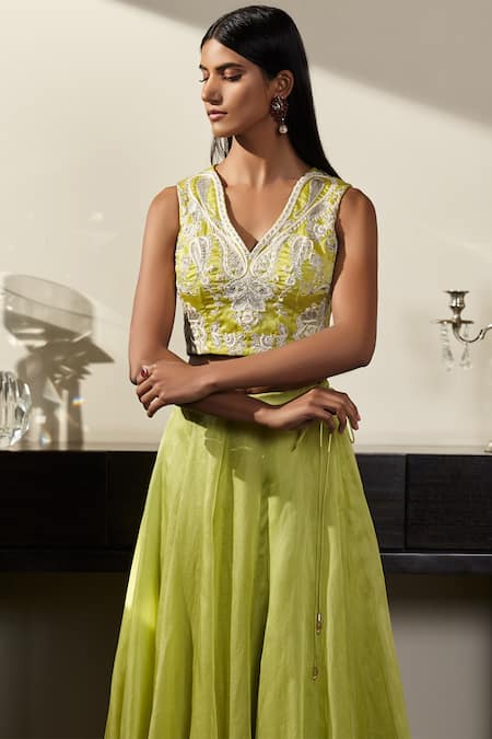 Buy_Varun Bahl_Green Satin Organza V Neck Embroidered Lehenga Set_Online_at_Aza_Fashions