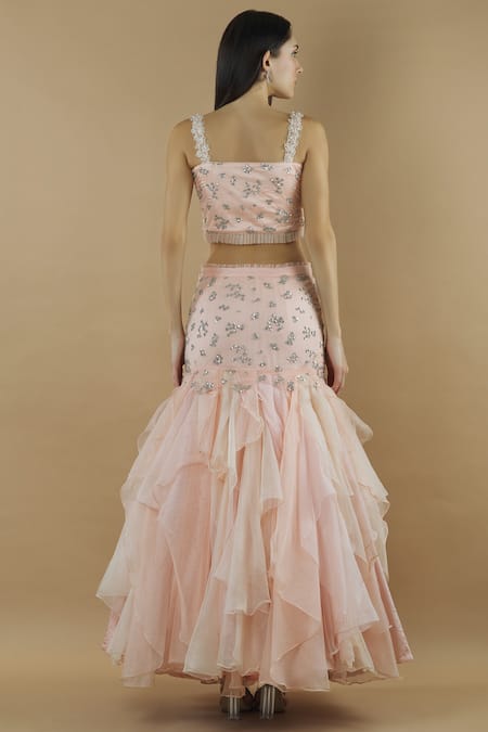 Shop Divya Kanakia Peach Organza, Net Sweetheart Neck Embellished Ruffle Lehenga Set at Aza Fashions Shop_Divya Kanakia_Peach Organza, Net Sweetheart Neck Embellished Ruffle Lehenga Set _at_Aza_Fashions